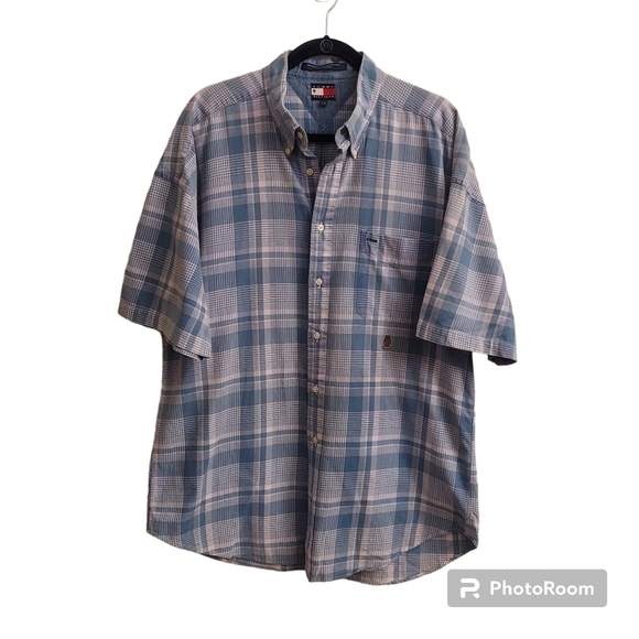 TOMMY HILFIGER Oxford Plaid Short Sleeve Button Down Shirt - Picture 1 of 10